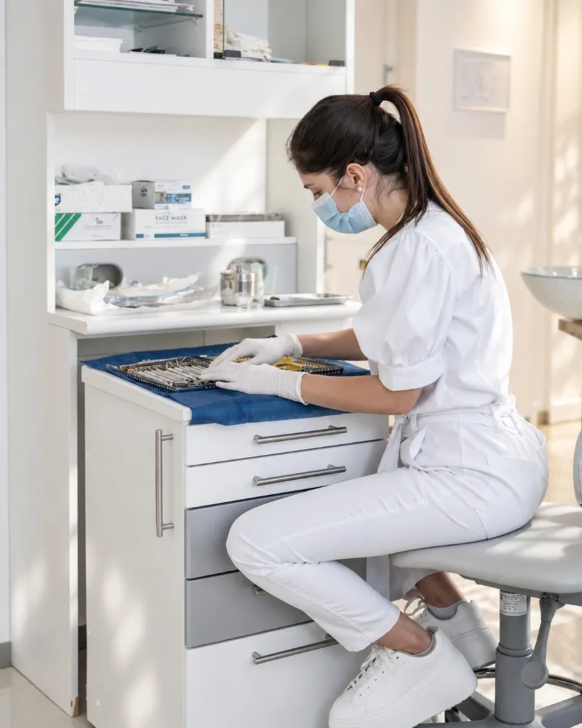 Preparación del instrumental sobre una bandeja, en el área de esterilización